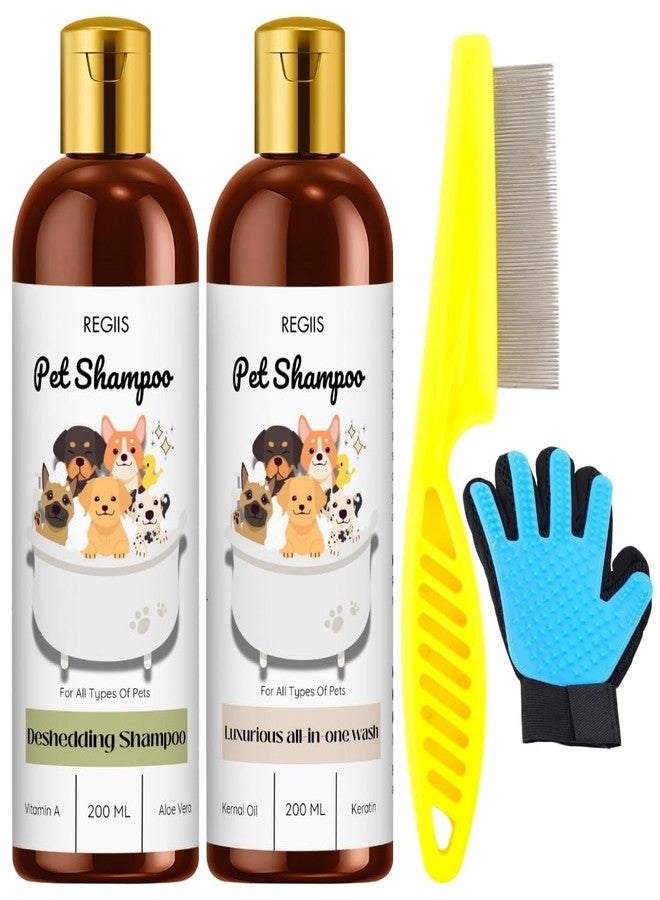 REGIIS Pet Shampoo Set, Deshedding and All-in-One Wash, 200 ML, with Grooming Brush and Glove, for All Types of Pets(4 Pack) - Image 1